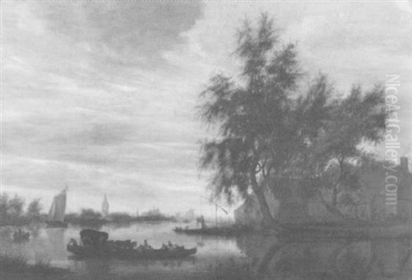 Eine Grosse Fahre Mit Bauern Und Einer Pferdekutsche Setzt Uber Einen Fluss - view 1