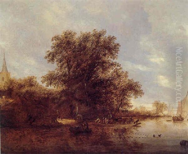 A Wooded River Landscape With A Ferry, Fisherfolk In A Rowing Boat And Smalschips Near A Village - view 1