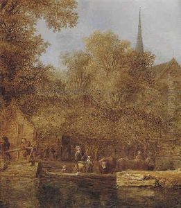 A River Landscape With Peasants And Cattle Disembarking From A Ferryboat Before A Cottage