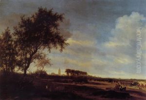 An Extensive Landscape With Prince Willem Ii And Amalia Von Solms In State Carriages, The Grote Kerk In The Hague Beyond by Salomon van Ruysdael