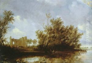 A Wooded River Landscape With Figures In Two Rowing Boats Cattle And Ruins In The Distance, A Bell Tower On The Horizon by Salomon van Ruysdael