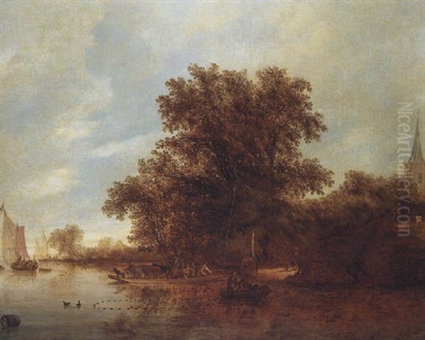 A Wooded River Landscape With A Ferry, Fisherfolk In A Rowing Boat And Smalschips Near A Village - view 1
