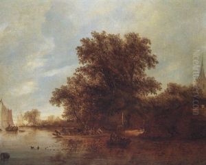 A Wooded River Landscape With A Ferry, Fisherfolk In A Rowing Boat And Smalschips Near A Village
