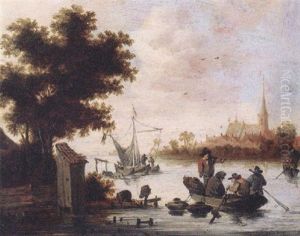 Fishermen Laying Lobster Pots From A Rowing Boat On A River, Shipping And A Village Beyond, At Sunset