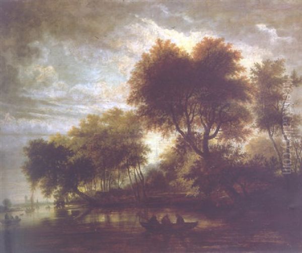 A Wooded River Landscape With Numerous Figures In Rowing Boats And Barges, A Church And Windmill On An Estuary Beyond - view 1