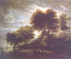 A Wooded River Landscape With Numerous Figures In Rowing Boats And Barges, A Church And Windmill On An Estuary Beyond