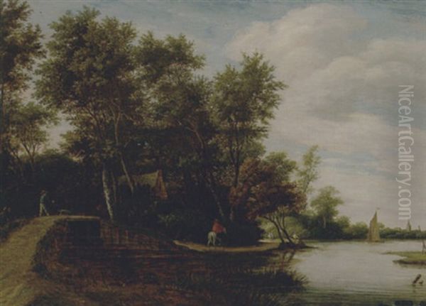 A River Landscape With Travellers Crossing A Bridge, Sailing Boats And A Church Spire In The Distance - view 1
