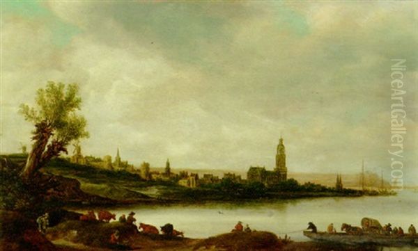 A View Of Rhenen From The South West, With Peasants And Cattle On The Bank Of The River Rijn - view 1