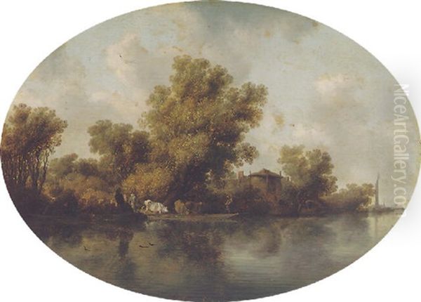 A River Landscape With Peasants Ferrying Cattle - view 1