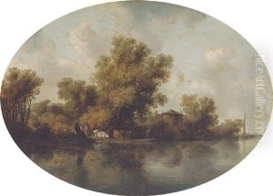 A River Landscape With Peasants Ferrying Cattle A River Landscape With Peasants Ferrying Cattle