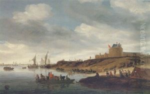 A River Landscape With Figures Ferrying Cattle Across The Maas, With A Military Encampment, A Fortress And A Distant View Of Gennep by Salomon van Ruysdael