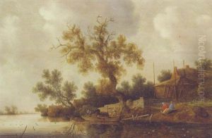 A River Landscape With Peasants In A Punt By A Cottage
