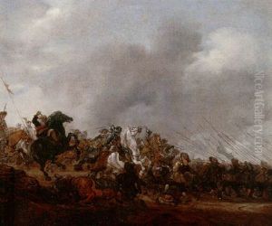 A Battle Scene Between Infantry And Cavalry by Salomon van Ruysdael