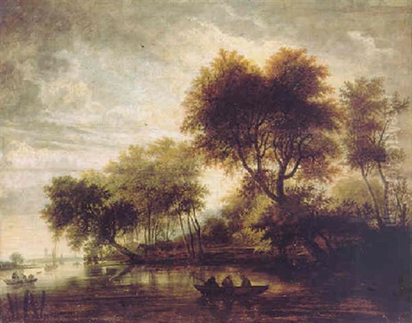 A Wooded River Landscape With Numerous Figures In Rowing Boats And Barges, A Church Spire Seen Through The Trees - view 1