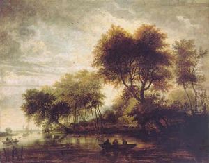 A Wooded River Landscape With Numerous Figures In Rowing Boats And Barges, A Church Spire Seen Through The Trees