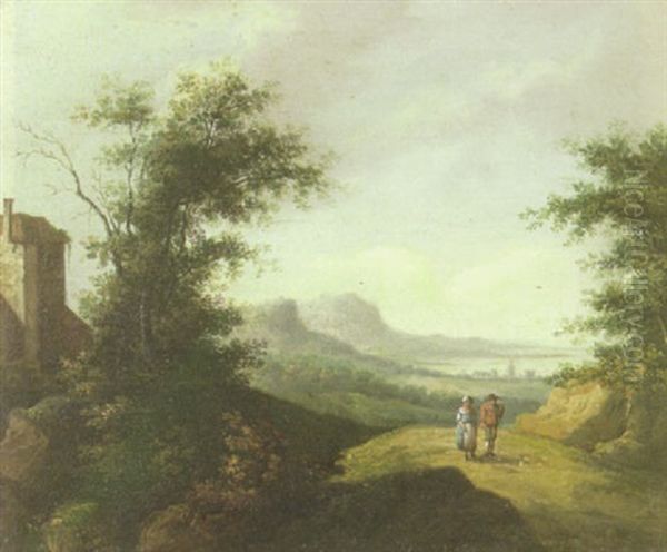 A River Landscape With Figures On A Path In The Foreground And Others Fishing Beyond - view 1