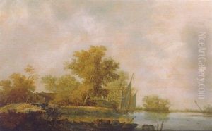 Fishermen Unloading Lobster Pots On A River, With An Angler And Moored Sailing Ships By A Farm Beyond