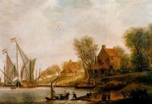 A Wooded River Landscape With Townsfolk Disembarking Near A Landing Stage And Travellers On A Horse And Wagon Waiting Nearby On A Summer's Day