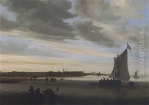 A River Landscape Near The City Of Haarlem With Cattle And Fishing Boats