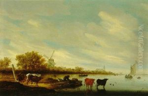 An Extensive River Landscape With Cows Watering, A Village With A Mill And A Church Nearby by Salomon van Ruysdael