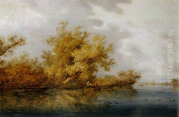 A Calm: A Wooded River Landscape With Fishermen And Sportsmen In Rowing Boats, Sailing Ships Beyond - view 1