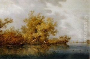 A Calm: A Wooded River Landscape With Fishermen And Sportsmen In Rowing Boats, Sailing Ships Beyond by Salomon van Ruysdael