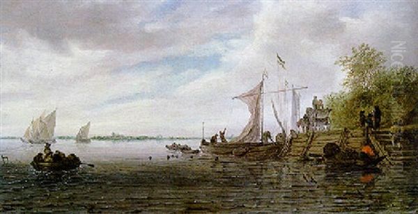 A River Landscape With Figures On A Jetty And Sailboats Beyond - view 1