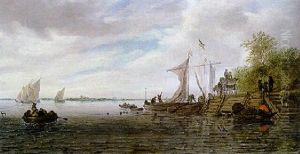 A River Landscape With Figures On A Jetty And Sailboats Beyond