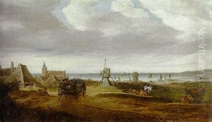 A Coastal Town With A Windmill On The Dunes by Salomon van Ruysdael