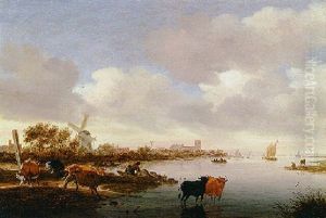 A River Landscape With Cattle Watering, A Windmill And A Church Beyond A River Landscape With Cattle Watering, A Windmill And A Church Beyond