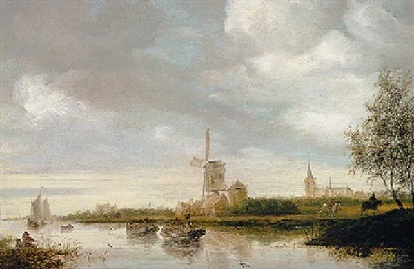 A River Landscape With Barges And Sailboats, A Windmill Nearby - view 1
