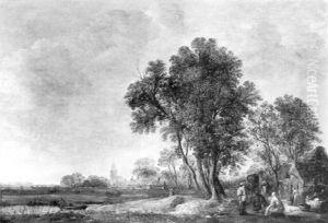 Baumbestandene Landschaft Mit Bauern Vor Einer Taverne