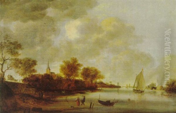 Fluslandschaft Mit Booten Und Einem Reisewagen Vor Einem Dorf - view 1