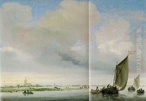 River Landscape With Two Wijdschips And Other Dutch Boats On An Estuary