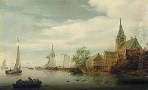 A River Landscape With Sailing Boats By A Village by Salomon van Ruysdael