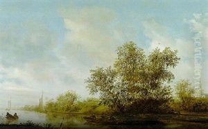 A Wooded River Landscape With Fishermen In Boats, Travellers In A Horsedrawn Cart, A Church Beyond by Salomon van Ruysdael