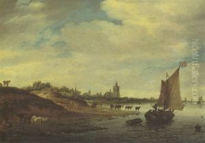 A View Of Arnhem With The Grote Kerk And St.walburgskerk And Other Small Dutch Vessels On The Rhine by Salomon van Ruysdael