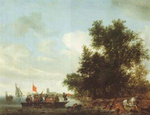 A River Landscape With A Ferry And Men Fighting, A View Of Dordrecht In The Distance by Salomon van Ruysdael