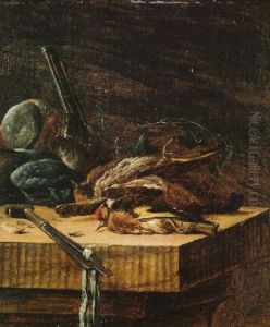 Dead Game On A Table, The Barrel Of A Shotgun Leaning Against The Table Beyond Dead Game On A Table, The Barrel Of A Shotgun Leaning Against The Table Beyond