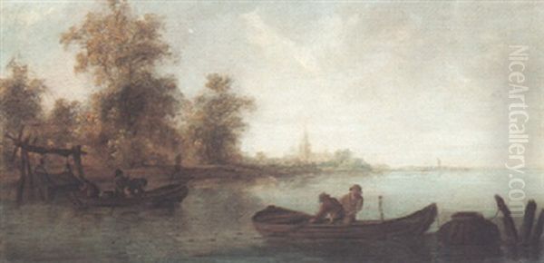 River Landscape Wih Fishermen At Their Nets - view 1