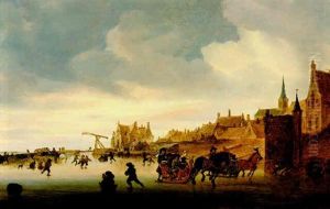 A Winter Landscape With Skaters And Sleighs On A Frozen Lake Before A Town by Salomon van Ruysdael