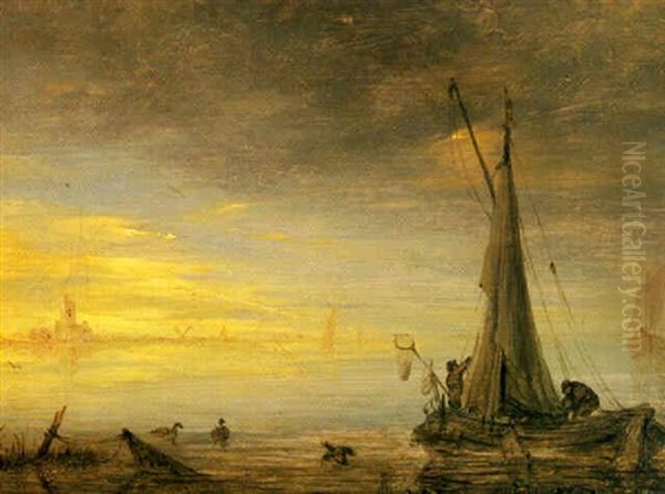 An Estuary In A Calm With Fishing Boats And A Town Beyond - view 1