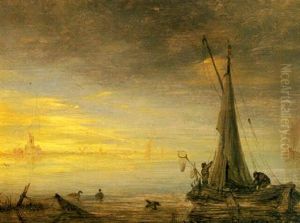 An Estuary In A Calm With Fishing Boats And A Town Beyond by Salomon van Ruysdael