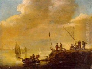 An Estuary With A Ferry And Sailing Boats And Fisherfolk On The Shore
