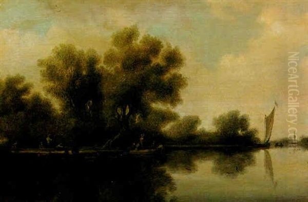 River Landscape Boats Ferrying Travellers And A Sailing Boat In The Distance - view 1