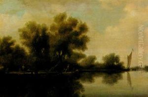 River Landscape Boats Ferrying Travellers And A Sailing Boat In The Distance by Salomon van Ruysdael