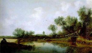 Flusslandschaft Mit Zwei Fischern Links Im Vordergrund Flusslandschaft Mit Zwei Fischern Links Im Vordergrund