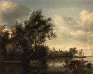 A River Landscape With A Hayloft Among Trees, A Ferryboat. . . A River Landscape With A Hayloft Among Trees, A Ferryboat. . .