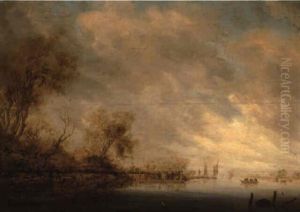 Fishermen In A Rowing Boat With A Ferry On A Summer's Day by Salomon van Ruysdael