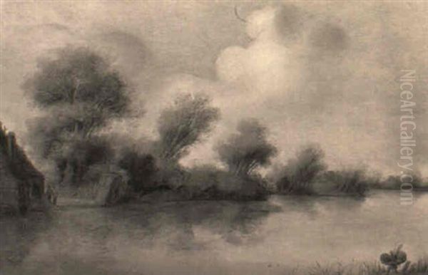 A River Landscape With Figures Conversing Before A House At Water's Edge - view 1